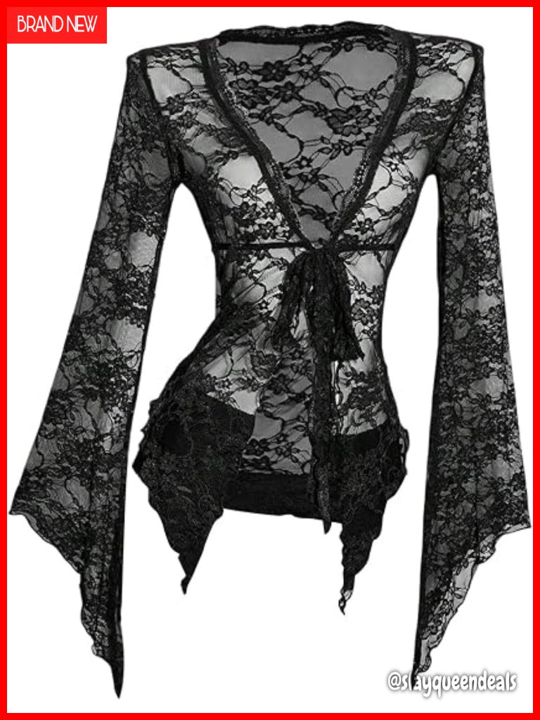 Sheer Lace Bell Sleeve Tie Front Cardigan Y2k Rave Tops